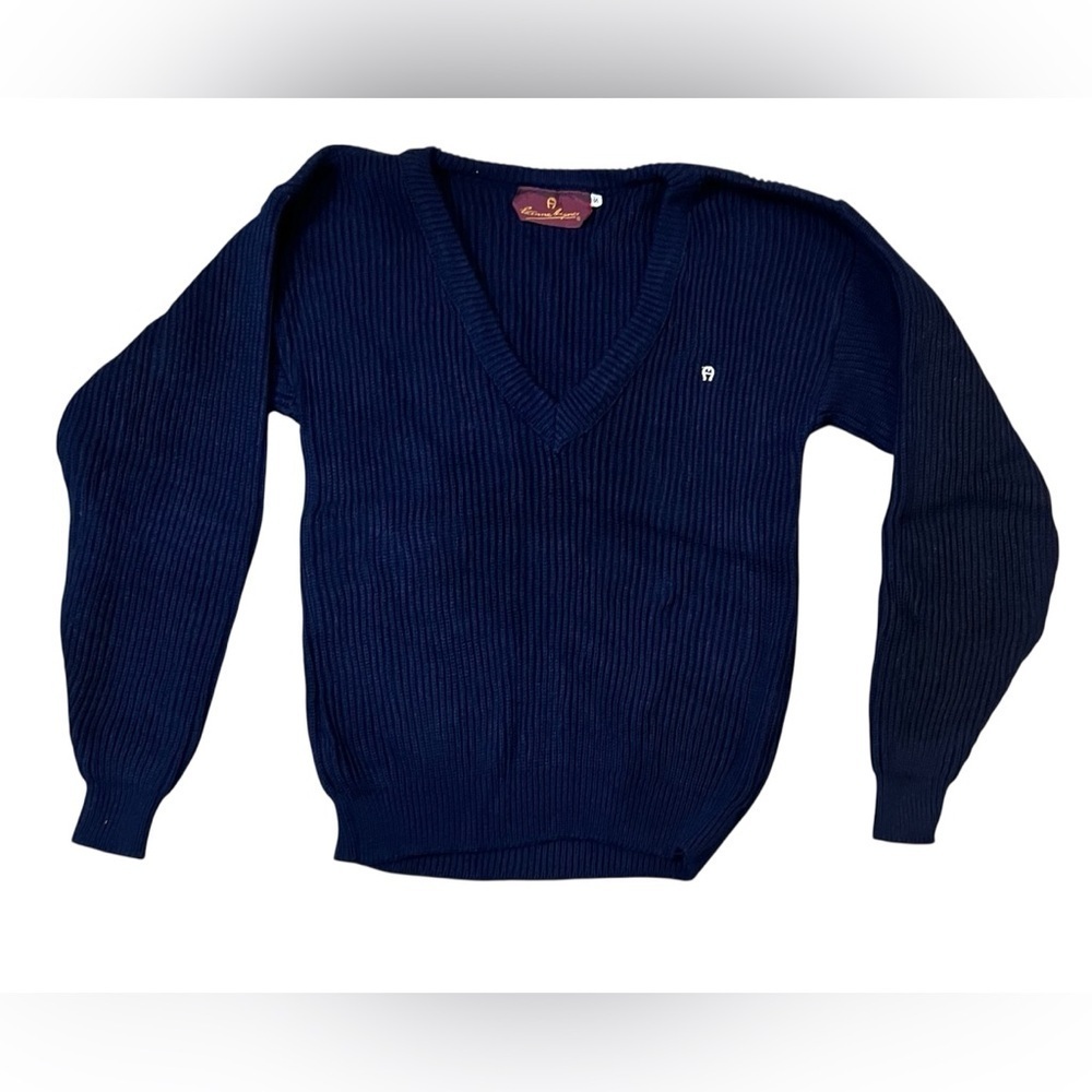 Vintage‎ 70s Etienne Aigner Women's size Small Navy Blue V-Neck Sweater  USA